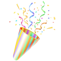 Colorful Striped Party Popper Exploding with Confetti and Ribbons png