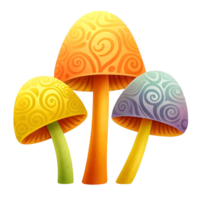 Three Colorful Fantasy Mushrooms with Swirling Patterns on transparent Background png