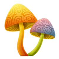 Two Colorful Fantasy Mushrooms with Swirling Patterns on transparent Background png