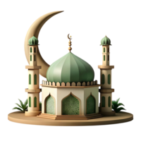 Stunning 3D Render of a Mosque with Crescent Moon and Palm Trees at Night png