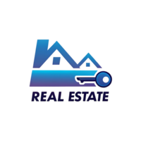 Real Estate Logo Design Featuring Two Houses and a Key Gradient Blue Color Scheme png