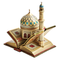 Stunning 3D Render of a Mosque Model Atop an Open Ornate Book Islamic Architecture Religious Symbolism png