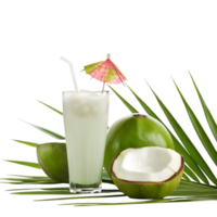 Refreshing Coconut Drink with Ice Cubes and Tropical Umbrella on Palm Leaves png