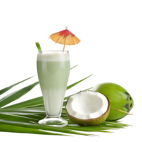 Refreshing Green Coconut Cream Drink with Tropical Garnish on Palm Leaves png