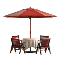 Red patio umbrella shading a small round table with two wooden chairs on a transparent background png