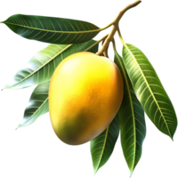 A single ripe yellow mango hanging from a branch with lush green leaves against a transparent background png