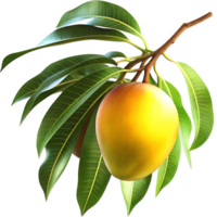 A single ripe mango hanging from a branch with vibrant green leaves against a transparent background a delicious tropical fruit png