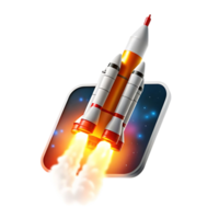 Powerful Rocket Launching into Space with Fiery Exhaust and Starry Background in App Icon Style png