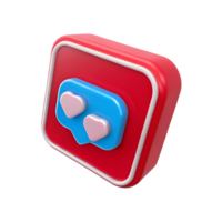 3D Red Square Button with Two Pink Hearts in a Blue Speech Bubble Icon Design Element png