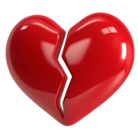 A shiny red heart broken in two pieces isolated on transparent background 3D rendering transparent graphic design png