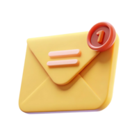 Three Dimensional Render of a Yellow Email Envelope with a Red Notification Badge Indicating One New Message png