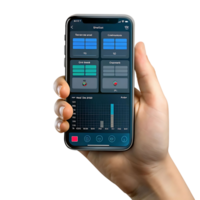 A hand holding a smartphone displaying a data visualization application with charts and graphs showing different metrics and statistics png