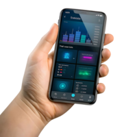 Hand Holding Smartphone Displaying Teal Ivean Oats App Interface with Data Visualizations and Statistics png