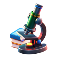 3D Render of a Colorful Microscope with Stack of Books on Dark Background Science Education Research Technology png