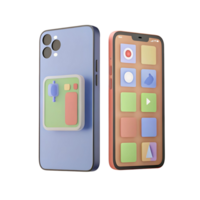 3D Render of Two Smartphones with Colorful App Icons and Camera System png