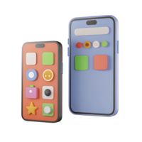 Two 3D Rendered Smartphones Displaying Colorful App Icons and User Interface Elements png