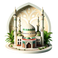Stunning 3D Render of a Majestic Mosque with Palm Trees and Intricate Architectural Details png