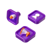 3D Render of Purple Square Buttons with Notification Megaphone and User Icons png