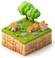A charming, isometric village nestled atop a blocky landscape. png