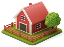 Red cottage with a picket fence and small tree. png