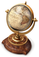Ornate antique-style globe resting on a wooden stand. png
