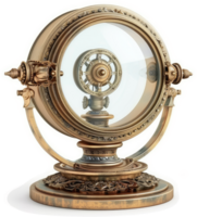 Ornate brass circular display case showcasing a detailed mechanical device. png