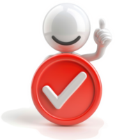 Smiling character holds a red circle with a check mark. png