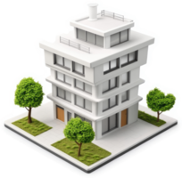 Modern apartment building with landscaping, rendered in isometric view. png