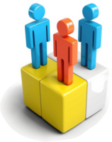 Three figures stand atop interlocking blocks of different colors. png