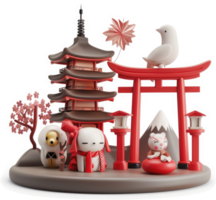 Japanese-themed figurine, depicting a pagoda, torii gate, and whimsical characters. png