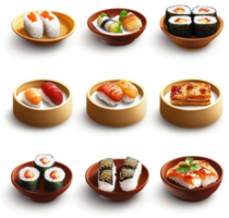 Assorted sushi and other japanese dishes, displayed in various bowls. png