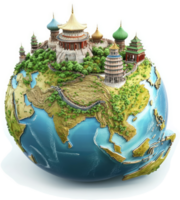 Asian landmarks atop a globe, representing global reach. png