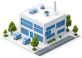 Industrial building complex with support structures and parking. png