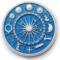 Ornamental celestial wheel depicting the zodiac signs and astrological symbols. png