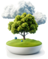 Verdant tree in a miniature grassy bowl, with puffy clouds overhead. png