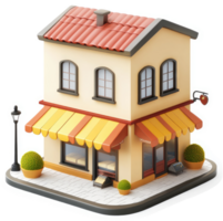 Charming two-story shopfront with awning and roof tiles. png