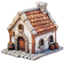 Charming medieval-style cottage with stonework and barrels. png