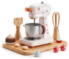 Retro-styled stand mixer with various baking accessories. png