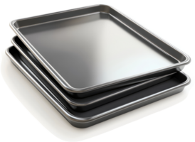 Three baking sheets stacked for storage or transport. png