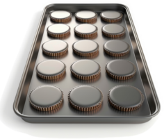 Baking sheet filled with round, dark chocolate cookies. png