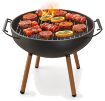 Outdoor portable grill with various grilled meats and vegetables. png