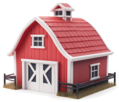 Charming red barn with a curved roof stands in a grassy field. png