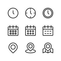 Time, Date and Location icon set. Clock, Calendar and Address icon set. vector