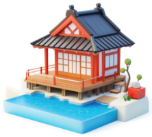 Stylized japanese seaside pavilion on a small platform. png