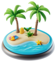 Tropical island scene with palm trees and beach objects. png