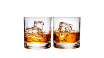 Two glasses of whiskey with ice cubes in front of black background, cut out transparent png