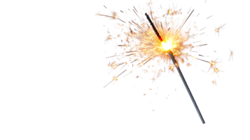 Sparkling sparkler with golden light on dark background, cut out transparent png