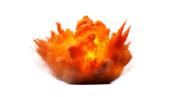 Orange explosion with debris, isolated on black background, cut out transparent png