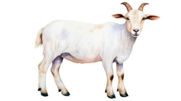Isolated portrait of a white goat standing and looking at camera, cut out transparent png