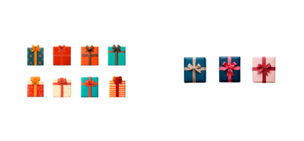 Assorted gift boxes wrapped with bows, isolated , cut out transparent png